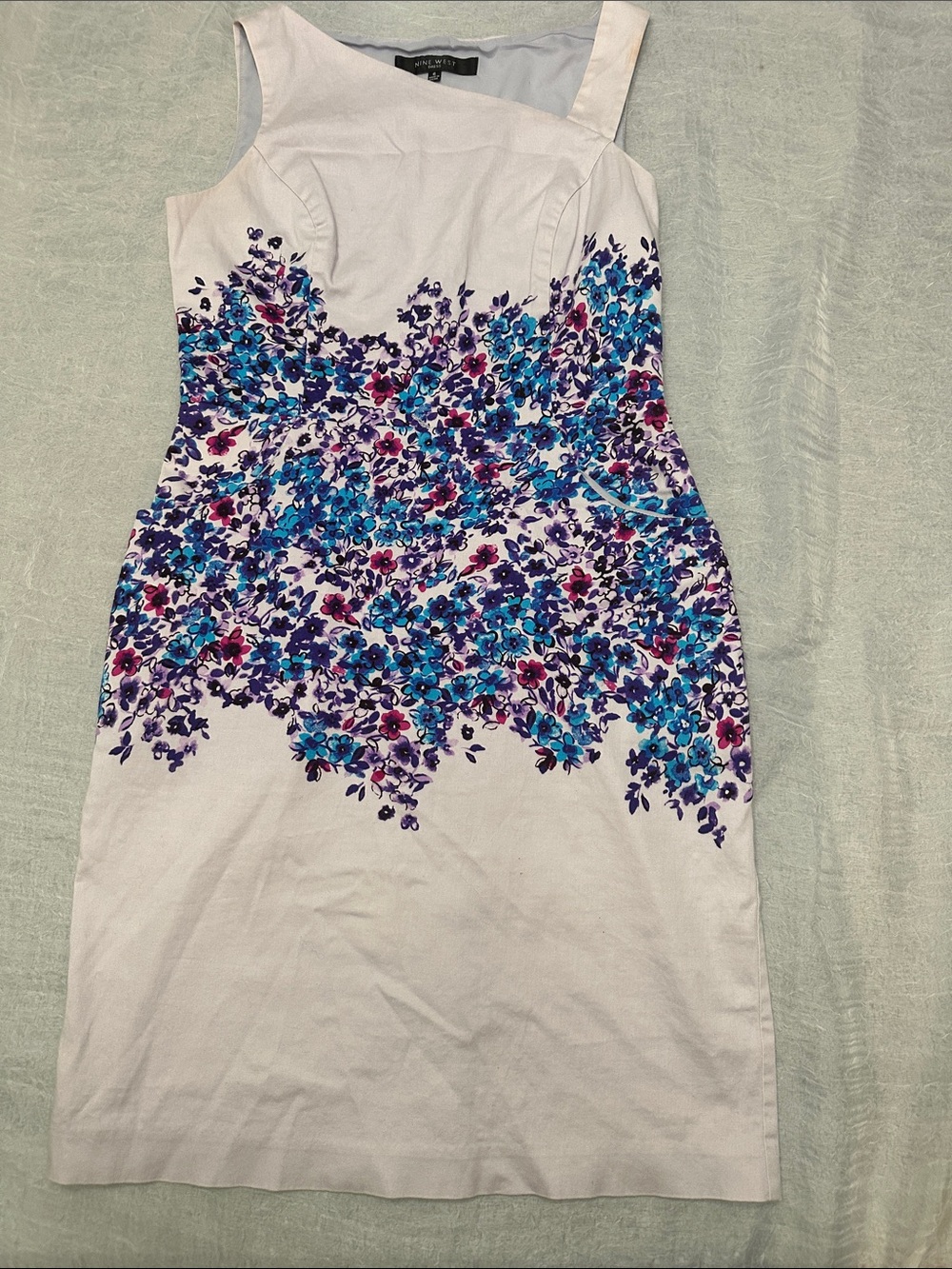 Nine West White One-Shoulder Floral Sheath Dress with Blue and Purple Print